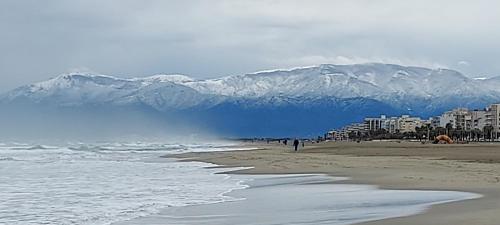 a beach with snow covered mountains in the background at Chambres d'hôtes Un Eté Sans Fin à 50 m de la plage à Canet plage in Canet-en-Roussillon