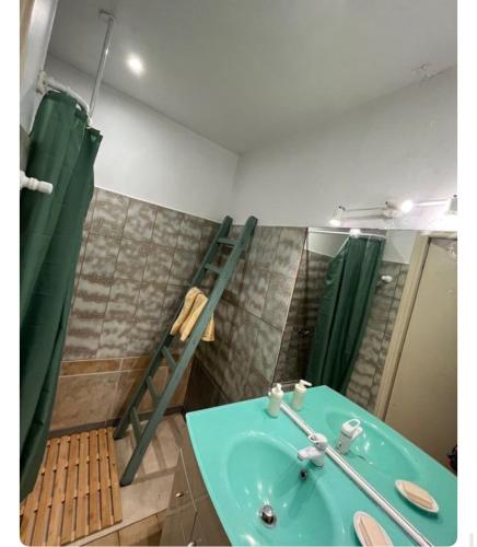 La salle de bains est pourvue d'un lavabo vert et d'une échelle. dans l'établissement La Maison du Foirail, à Aurillac
