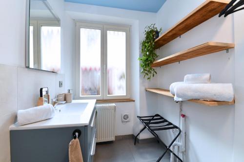 une petite cuisine avec un évier et une fenêtre dans l'établissement Gite See You Soon - Studio Wood, à Sélestat