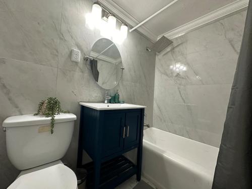 a bathroom with a toilet and a sink and a mirror at CityBreak JAX in Jacksonville