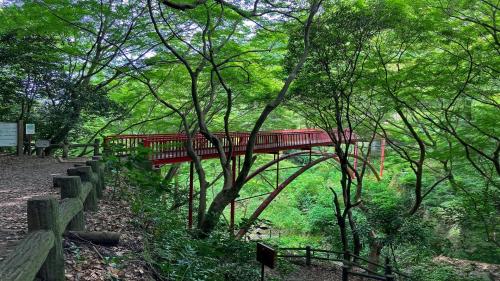a red bridge in the middle of a forest at U-Community Hotel in Osaka