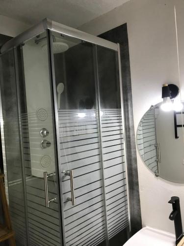 La salle de bains est pourvue d'une douche en verre et d'un miroir. dans l'établissement Studio à La Foux d 'Allos, à La Foux d'Allos