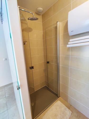 une douche avec une porte vitrée dans une salle de bain dans l'établissement Villa les hirondelles avec piscine chauffée, à Prades