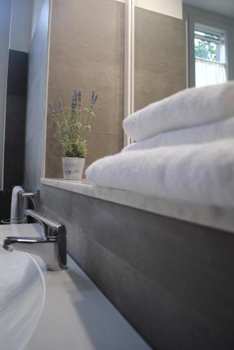a bathroom with two beds and a potted plant on a ledge at Mimì B&B in Ravello