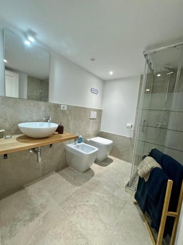 a bathroom with a sink and a toilet and a shower at La piccola Maison in Mondovì