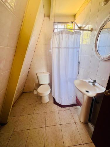 a small bathroom with a toilet and a sink at Cabaña tipo A Pichidangui in Pichidangui