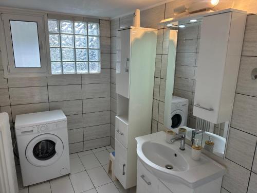 ein weißes Badezimmer mit einer Waschmaschine und einem Waschbecken in der Unterkunft Peaceful Cottage Porto Rafti in Porto Rafti