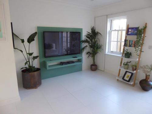 a living room with a flat screen tv and plants at Modern townhouse in Mountwise in Plymouth