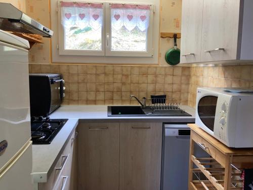 une cuisine avec un évier et un micro-ondes dans l'établissement Gîtes de Stouet, à Artalens-Souin