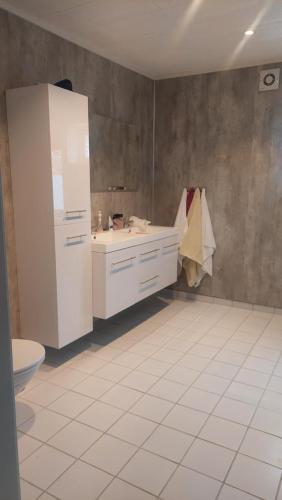 a bathroom with a white sink and a toilet at Senja 4 Summit in Torsken