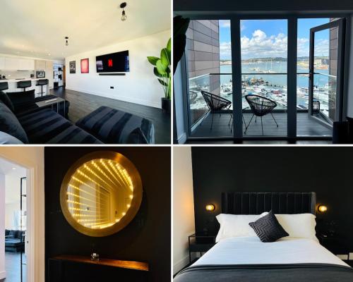 a collage of pictures of a bedroom and a living room at Upscale Contemporary Apartment - River Views in Southampton