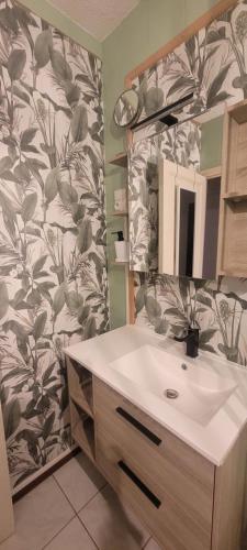 une salle de bain avec un lavabo et un miroir dans l'établissement Coeur de ville, à Béziers