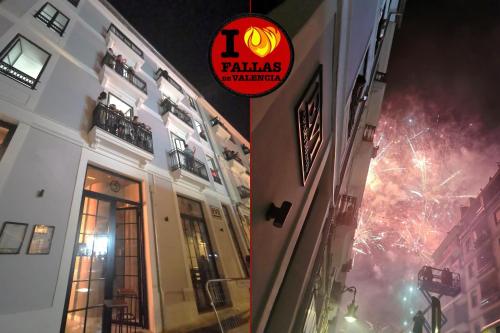 a view of a building with fireworks in the background at Amazinn Places EVI Apartments in Valencia