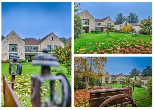 quatre photos d'une maison avec des feuilles sur l'herbe dans l'établissement Villa Luxe vallée de Chevreuse - Piscine intérieure chauffée - 14 pers - Le relais des clefs, à Chevreuse