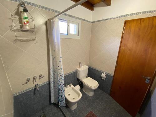 a bathroom with a toilet and a shower at Cabaña EL GALLO in Villa General Belgrano