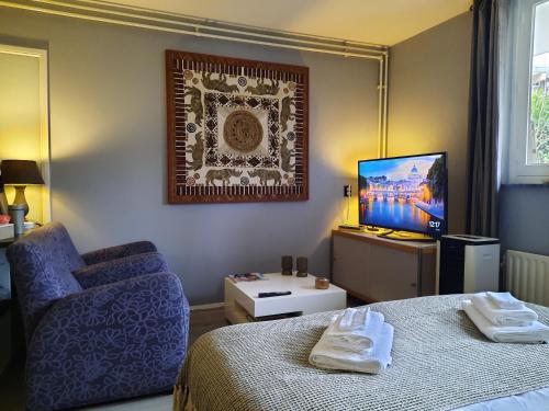 une chambre avec un lit, un canapé et une télévision dans l'établissement Casa di Sven, à Arnhem