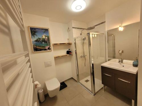 une salle de bain avec une douche, des toilettes et un lavabo dans l'établissement Appartement lumineux près de la plage avec parking et WIFI - FR-1-675-42, à Wimereux