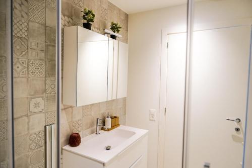 a bathroom with a white sink and a shower at Lakeside Attic in Lugano