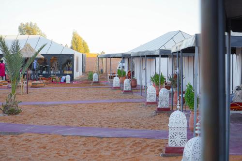 a group of buildings with potted plants in the dirt at Aladdin merzouga camp in Merzouga