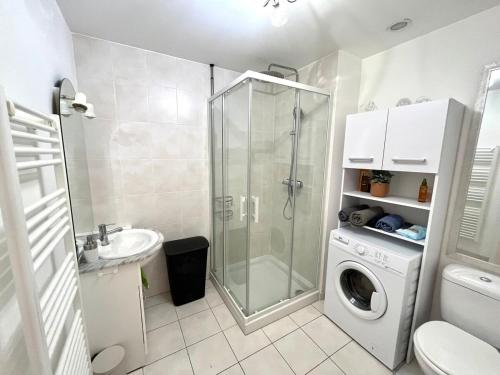 une salle de bain avec douche et machine à laver dans l'établissement Au cœur de Colmar, à Colmar