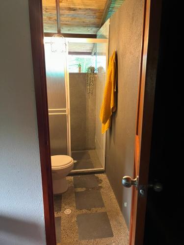 a bathroom with a shower and a toilet in it at Sky and Sand in Bahía Solano