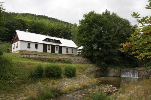 a white house on a hill next to a river at Guest House U Lakomce in Desná