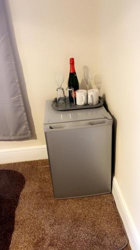 a small refrigerator with two glasses and a bottle of wine at Gravesend Guest Retreat in Gravesend