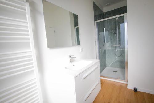 a white bathroom with a sink and a shower at Appartement à Beaupréau en Mauges in Beaupréau