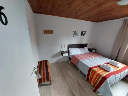 a bedroom with a bed and a wooden ceiling at Hostel Aonikenk in El Calafate