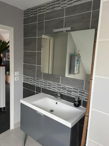 une salle de bain avec un lavabo blanc et un miroir dans l'établissement Appartement, à Quimper