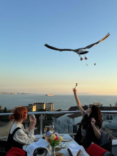 a group of people sitting at a table feeding a bird at Joyway Hotels Istanbul Sultanahmet in Istanbul