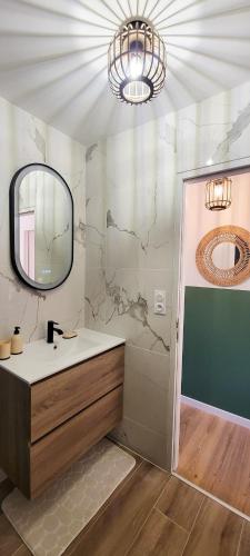 une salle de bain avec un lavabo et un miroir dans l'établissement T3 Lumineux au Bord du Verdon 2 Chambres, à Gréoux-les-Bains
