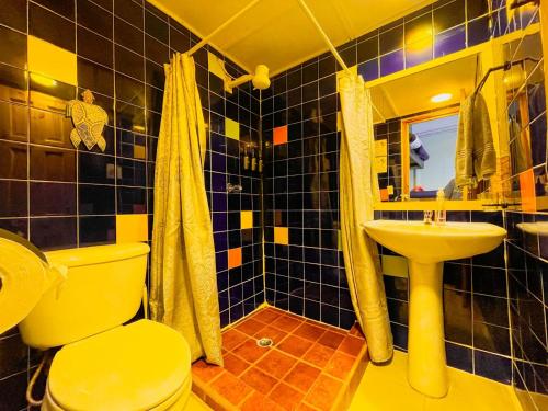 a bathroom with a white toilet and a sink at Calipso Bocastown B&B in Bocas del Toro