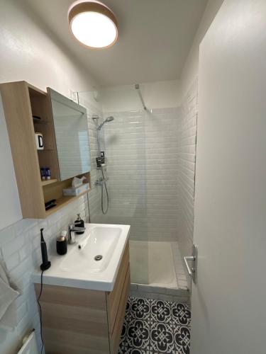 une salle de bain avec un lavabo blanc et une douche dans l'établissement Apparemment spacieux, lumineux avec vue sur Paris, à Charenton-le-Pont
