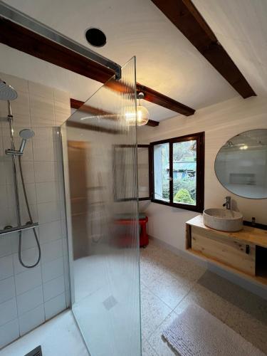 une salle de bain avec une douche en verre et un lavabo dans l'établissement Maison montagne vue exceptionnelle En chartreuse, à Entremont-le-Vieux
