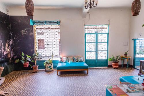 a living room with a blue couch and plants at Hotel Kasa Dokari in Honda