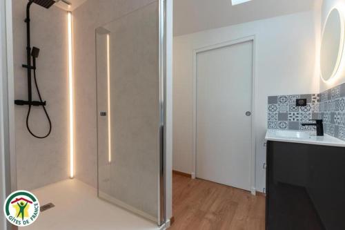 une salle de bain avec une douche avec une porte vitrée dans l'établissement Le pressoir de Nestor, à Monthelon