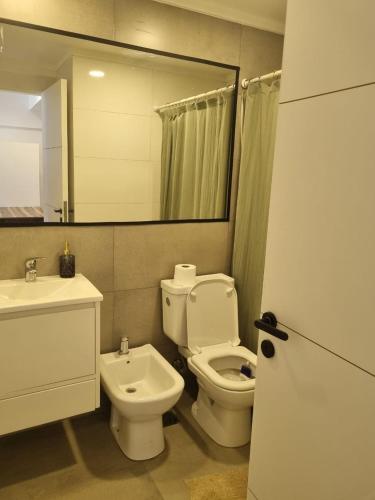 a bathroom with a toilet and a sink and a mirror at Temporario Rosario 9 in Rosario