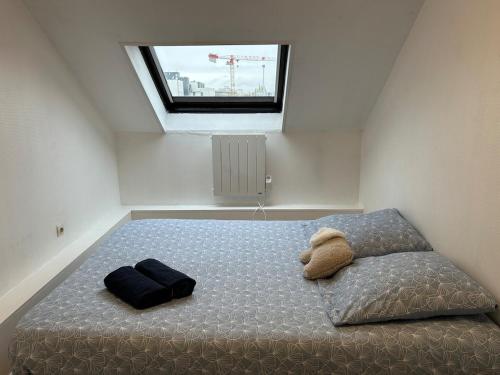 une chambre avec un lit avec un oreiller et une fenêtre dans l'établissement Nid Douillet Proche Centre ville, à Troyes