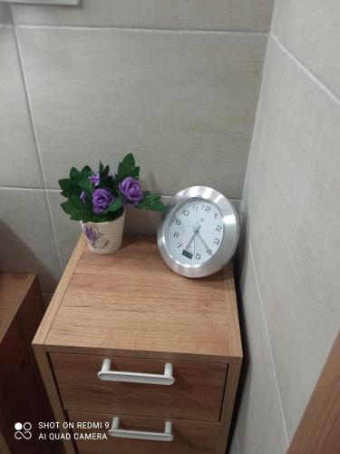 a clock sitting on top of a wooden table with a vase of flowers at Kuća za odmor Donja Grabovica in Valjevo