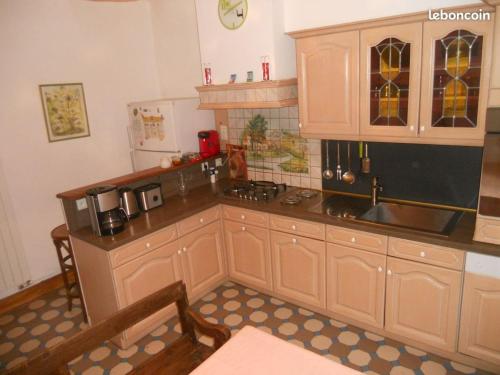 une cuisine avec un évier et une cuisinière four supérieur dans l'établissement Gîtes à la ferme de la Seille Lorraine, à Létricourt