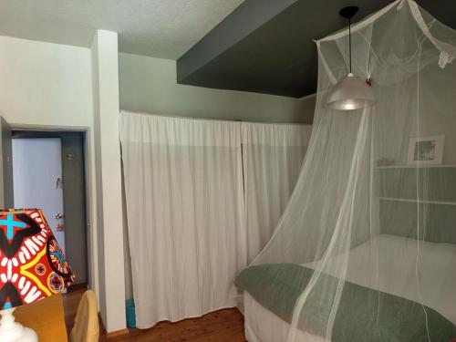 a bedroom with a bed with a mosquito net at La Pedrasanta in La Pedrera