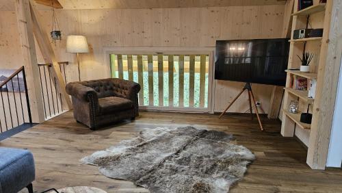 a living room with a chair and a television at Salzhaus in Amsoldingen
