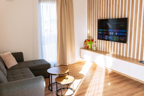 a living room with a couch and a tv at Luna Apartman in Liptovský Mikuláš