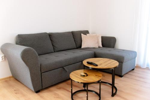 a gray couch in a living room with two tables at Luna Apartman in Liptovský Mikuláš