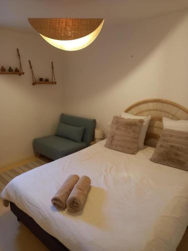 une chambre avec un grand lit avec deux serviettes dessus dans l'établissement 2 Appartements au cœur de ville dans rue très calme, à Laruns