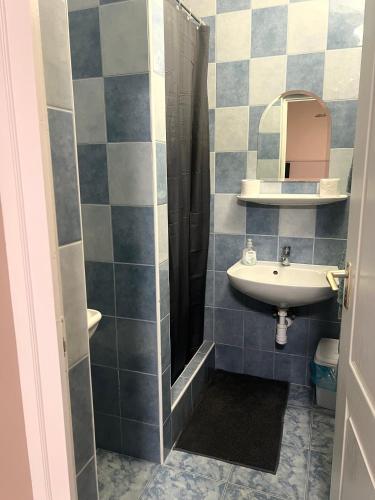 a bathroom with a sink and a mirror at OP-ART Étterem és Panzió in Monor