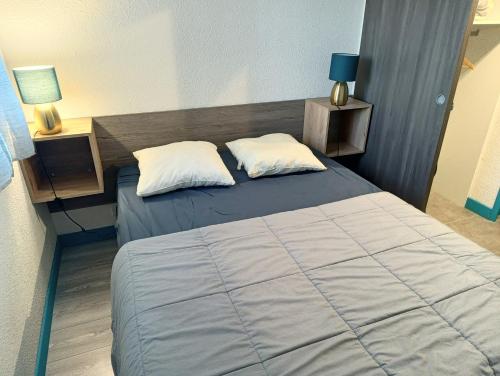 ein Schlafzimmer mit einem Bett mit zwei Kissen und zwei Lampen in der Unterkunft Mer et dune - Les Caravelles in Saint-Cyprien