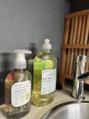 two bottles of soap sitting next to a sink at Lower Point Surf Studio in Jeffreys Bay