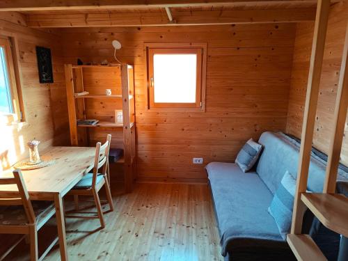 a room with a couch and a table in a cabin at Jelenova lesena hiška in Loče pri Poljčanah